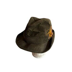 Vintage Brown Corduroy Fedora Hat With Feather Accent Size 7 1/8